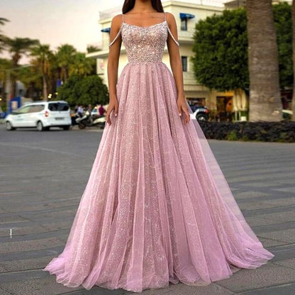 Spaghetti Strap Sequin Panel Mesh A-Line Evening Gown