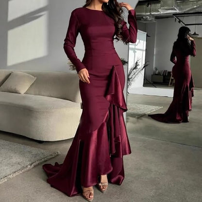 Long Sleeve Round Neck Plain Panel Satin Mermaid Evening Gown