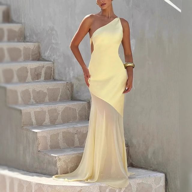 Sleeveless One Shoulder Plain Tie Back Panel Mesh Trumpet Evening Gown