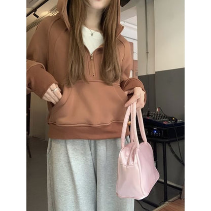 Half Zip Hooded Slouchy Long Sleeve Sweatshirt
