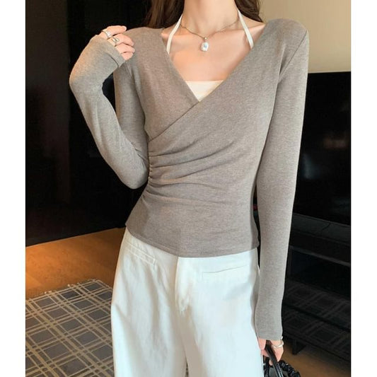 Wrapped V-Neck Solid Slim Fitted Long Sleeve Tee