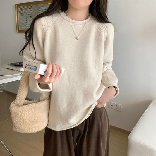 Plain Crewneck Knit Top with Long Sleeves