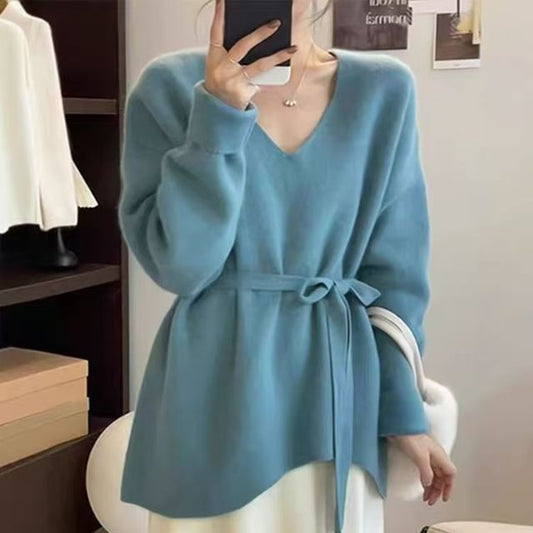 Asymmetric Plain Knit Top with V-Neck and Long Sleeves