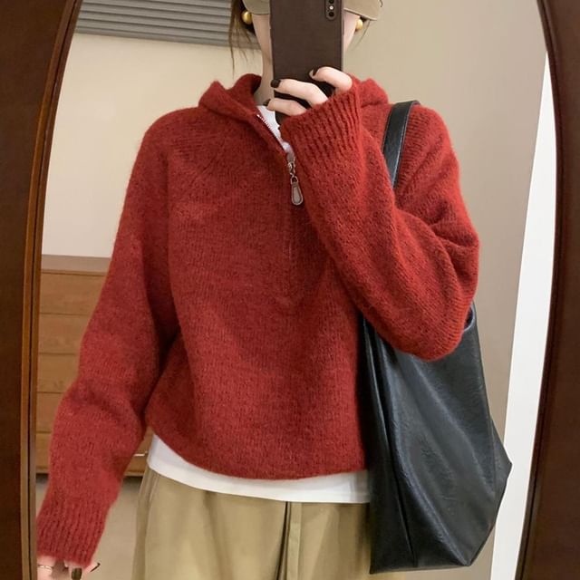 Half Zip Plain Knit Hoodie Pullover