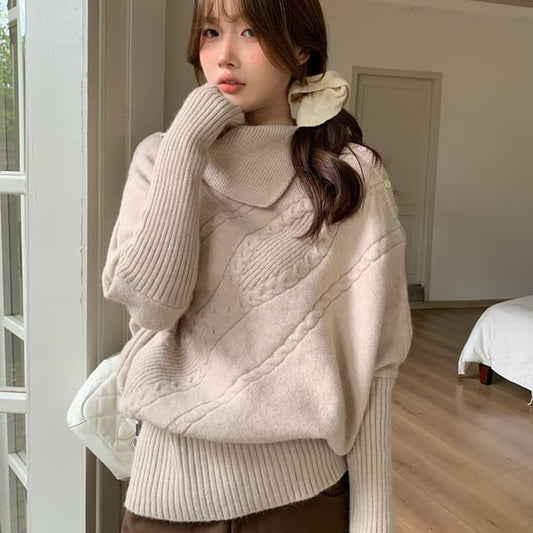 Cozy Cowlneck Twisted Cable Knit Pullover Sweater in Solid Tone