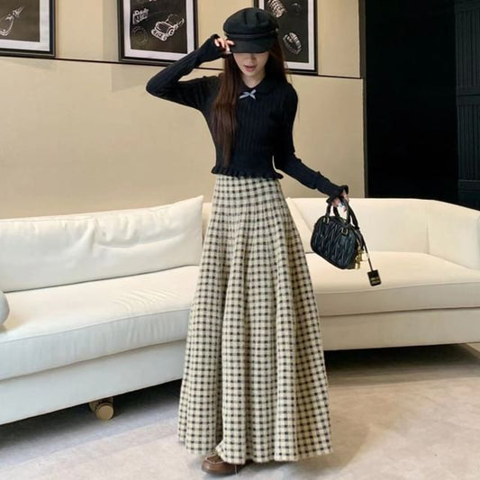 Solid Long Sleeve Knit Top & Plaid Maxi A-Line Skirt Set