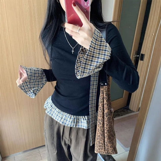 Mock Layered Flare Sleeve Plaid Hem Blouse Top