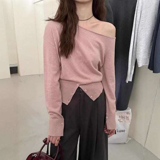 Asymmetrical Offshoulder Solid Long Sleeve Knit Top