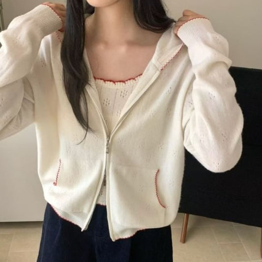 Zip Front Knitted Hooded Sweatshirt Jacket