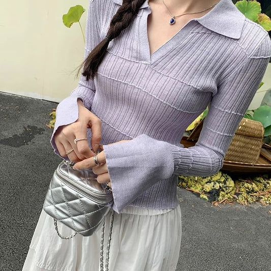 Collared Solid Long Sleeve Knit Pullover Top