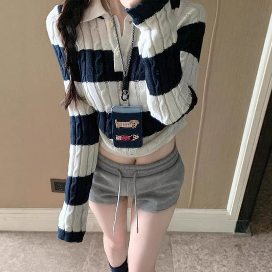 Striped Cable Knit Cropped Polo Sweater
