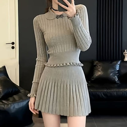 Collared Solid Knit Top & Pleated Mini Skirt Two-Piece Set