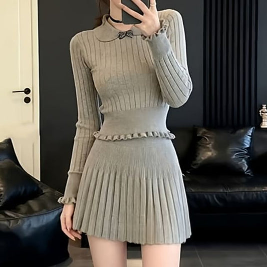 Collared Solid Knit Top & Pleated Mini Skirt Two-Piece Set