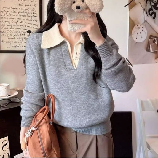 Two Tone Colorblock Polo Collar Knit Sweater