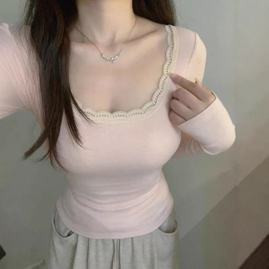 Scoopneck Lace Trimmed Long Sleeve Top