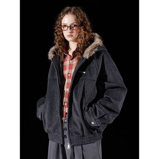 Faux Fur-Trim Hooded Wool Jacket