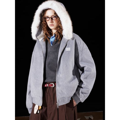 Detachable Faux Fur-Trim Hooded Wool Jacket