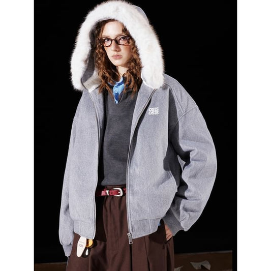Detachable Faux Fur-Trim Hooded Wool Jacket