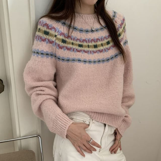 Color Block Jacquard Crew Neck Pullover Sweater