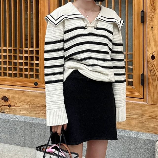 Striped Collared Sweater with Buckle Detail