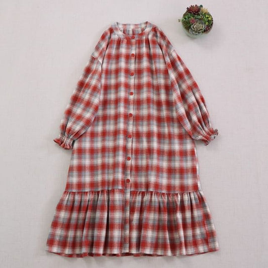 Plaid Button-Up Crew Neck Long Sleeve Maxi Tunic Dress