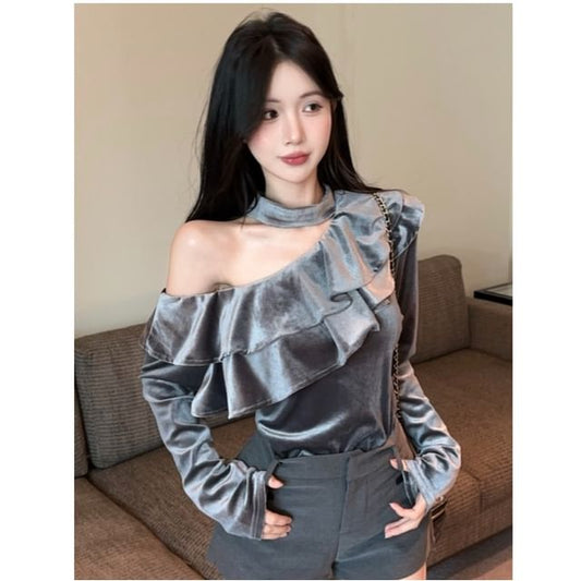 Velvet Cold Shoulder Top with Ruffle Neck and Long Sleeves