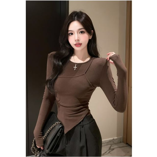 Mock Two Piece Round Neck T-Shirt with Long Sleeves