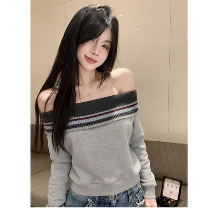 Striped Off Shoulder Sweatshirt Pullover