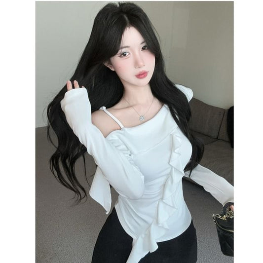Off Shoulder Ruffle Trim T-Shirt with Long Sleeves
