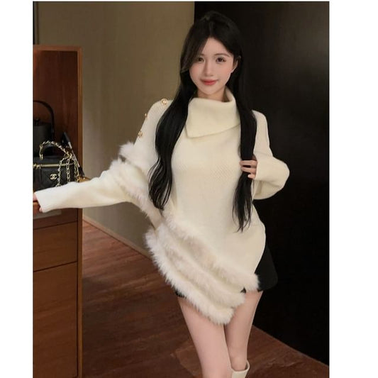 Fluffy Trim Mock Neck Knit Sweater