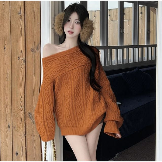 Off Shoulder Cable Knit Plain Sweater