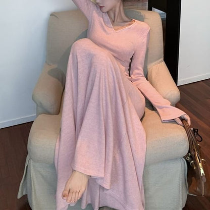 Long Sleeve V-Neck Plain Maxi A-Line Dress