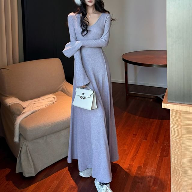 Long Sleeve V-Neck Plain Maxi A-Line Dress