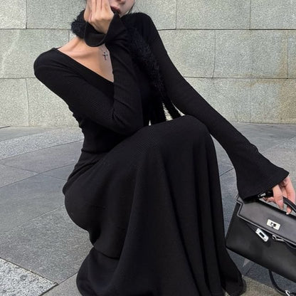 Long Sleeve V-Neck Plain Maxi A-Line Dress