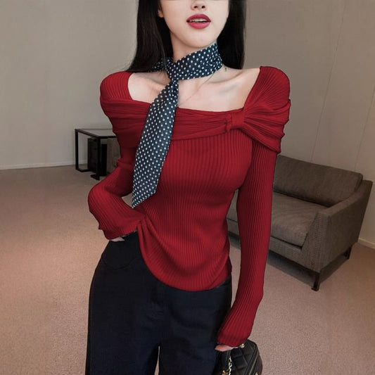 Ribbed Knit Pullover with Asymmetric Neckline and Long Sleeves