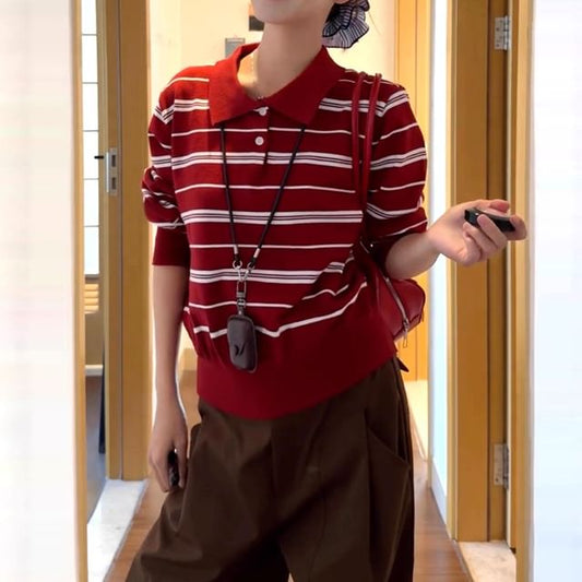 Classic Striped Knit Polo Pullover Sweater
