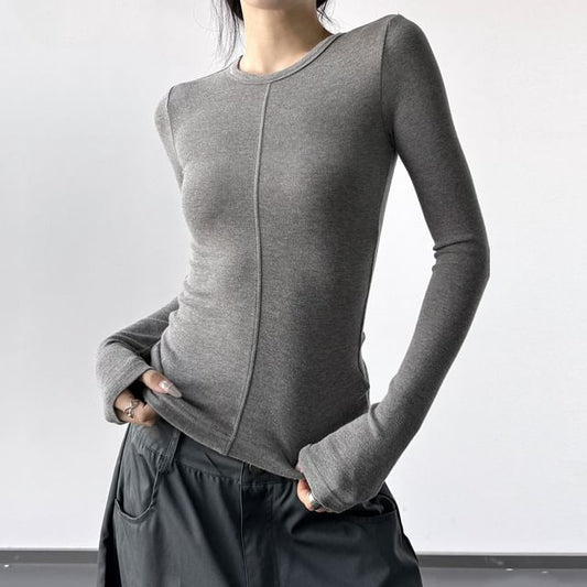 Round Neck Solid Long Sleeve Basic T-Shirt