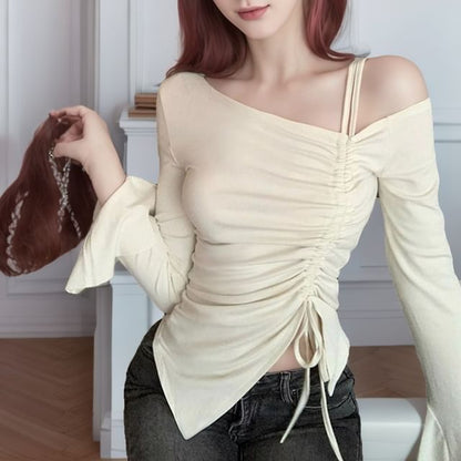 Long-Sleeve Cold Shoulder Asymmetrical Drawstring Top