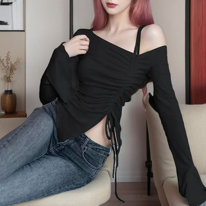 Long-Sleeve Cold Shoulder Asymmetrical Drawstring Top