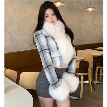 Plaid Lace Trim Cropped Jacket / Plain Faux Fur Scarf