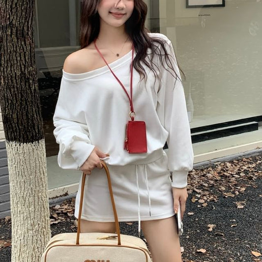 Cozy Off-Shoulder Sweatshirt with Drawstring Waist Mini Skirt Set