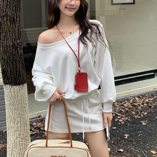 Cozy Off-Shoulder Sweatshirt with Drawstring Waist Mini Skirt Set