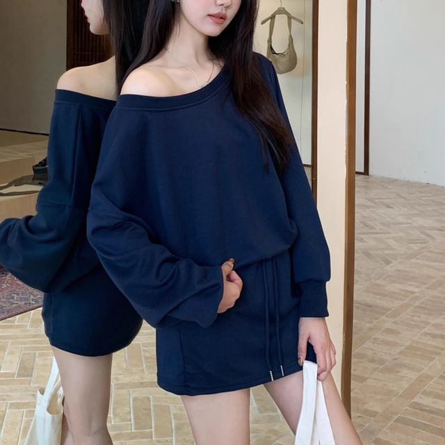 Cozy Off-Shoulder Sweatshirt with Drawstring Waist Mini Skirt Set
