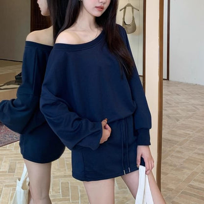 Cozy Off-Shoulder Sweatshirt with Drawstring Waist Mini Skirt Set