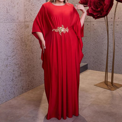 Flared-Sleeve Round Neck Sequin Sheath Evening Dress