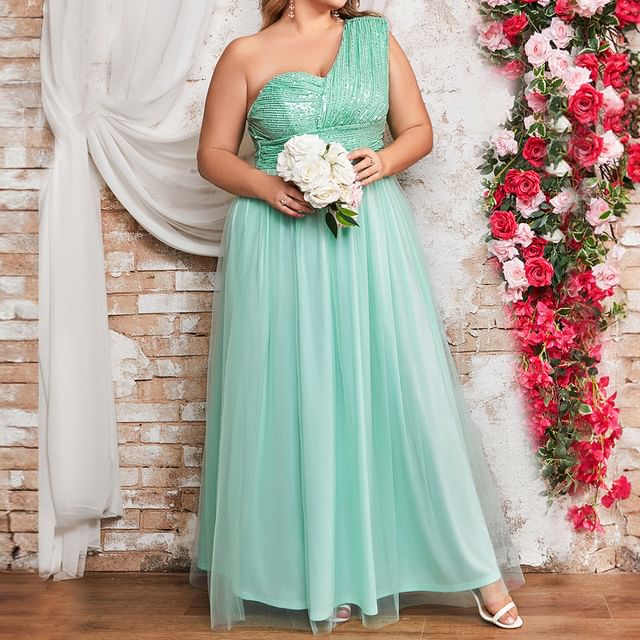 One-Shoulder Sequin Mesh Panel A-Line Evening Dress