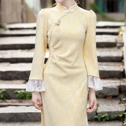 Long-Sleeve Stand Collar Jacquard Lace Panel Ruched Maxi Mermaid Dress