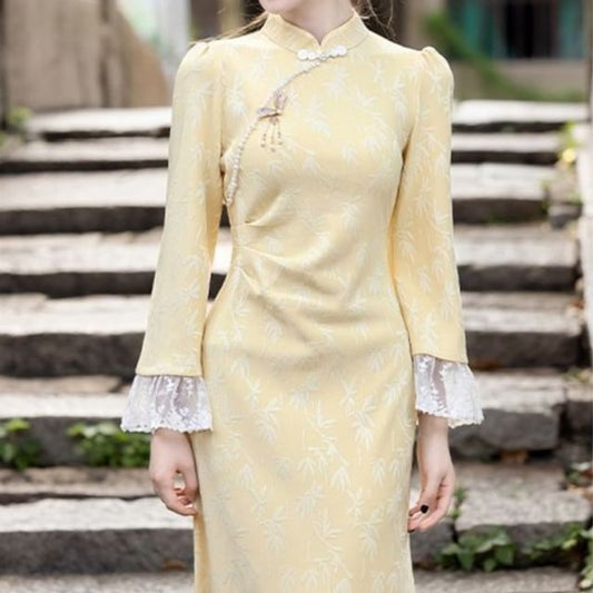 Long-Sleeve Stand Collar Jacquard Lace Panel Ruched Maxi Mermaid Dress