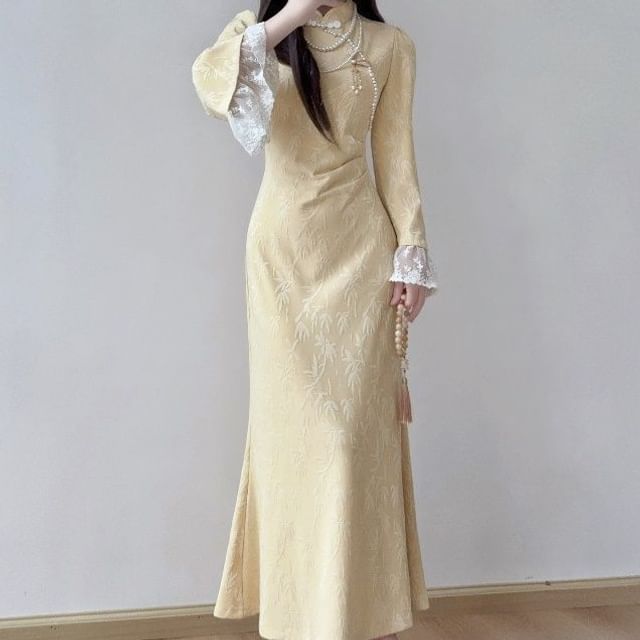 Long-Sleeve Stand Collar Jacquard Lace Panel Ruched Maxi Mermaid Dress