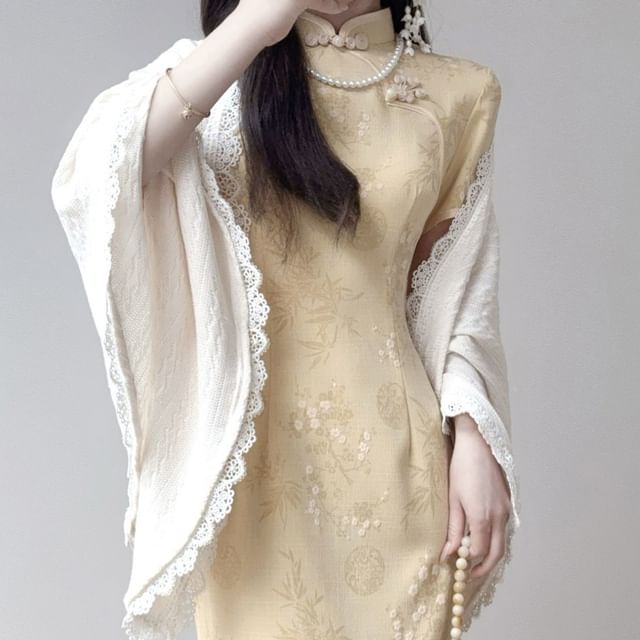 Long-Sleeve Stand Collar Jacquard Lace Panel Ruched Maxi Mermaid Dress